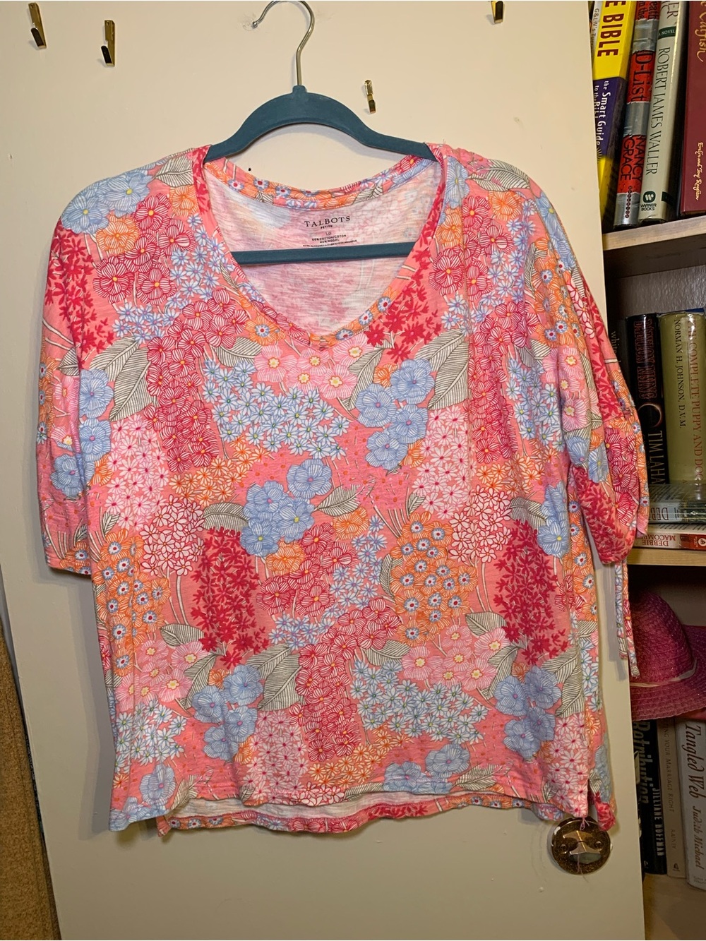 Talbots Coral Pink Floral V-Neck Short Sleeve Top with Blue Accents